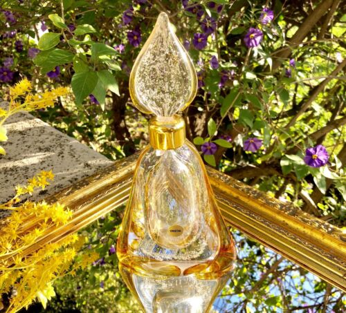 Rare Signed Marcel Franck Amber And Clear Glass Perfume Bottle W Leaf Stopper