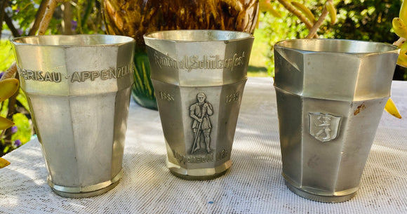 Vintage 1885 Kantonal Schutzenfest Silver Tone Pewter Zinn 3 Wine Cup Set