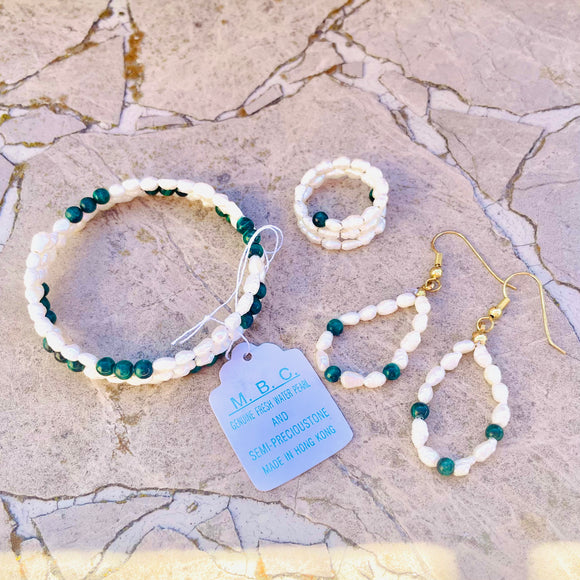 MBC Genuine Fresh Water Pearl Semi Precious Stone Bracelet Earrings Ring Set