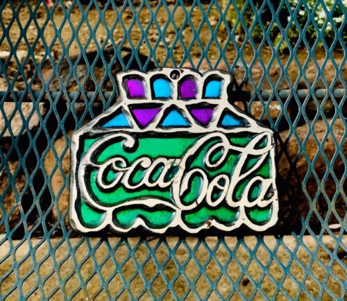 Coca Cola Multi Color Stained Glass Footed Cast Iron Trivet San Francisco Japan
