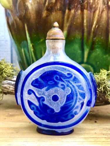 Chinese Carved Peking Glass Blue Overlay Dragon Tigers Eye Stone Snuff Bottle