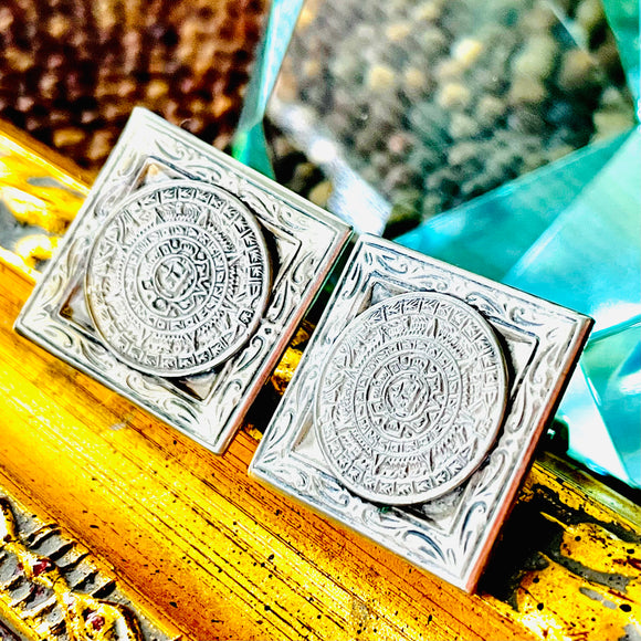 Vintage Sterling Silver 925 Mexico Aztec Mayan Calendar Sun CuffLinks 20g