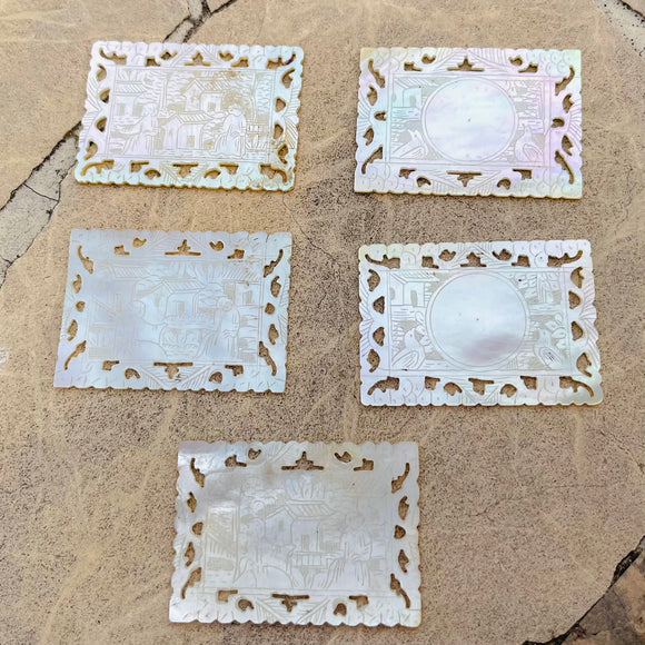 Antique Ornate Carved Mother of Pearl Engraved Art Chinese Casino Chips Set of 5