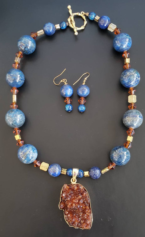 Handmade Large Lapis Lazuli Bead with Citrine Druzy Cluster Pendant Necklace and Earring Set