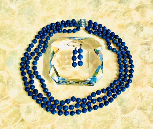 Vintage Hand Knotted Blue Lapis Lazuli Stone Beaded 3 Row Necklace Earring Set