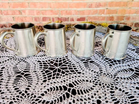 Vintage Metal Silver Collectible Coffee Drinking Beer Mugs w Handle Lot Set of 4