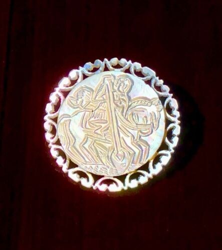 Rare Antique Mother of Pearl Carved Shell Icon of Saint George Defeat Dragon Pin