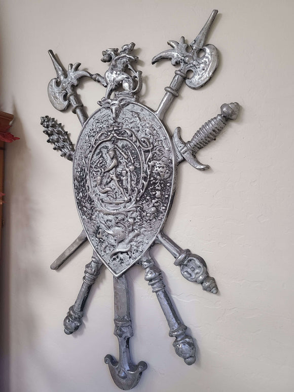 Antique Medieval Silver Tone Metal Coat of Arms Art Wall Hanging Decor
