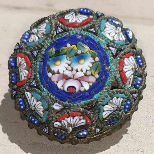 Antique Turquoise Lapis Coral Lazuli Micro Mosaic Round Brooch Pin Italian