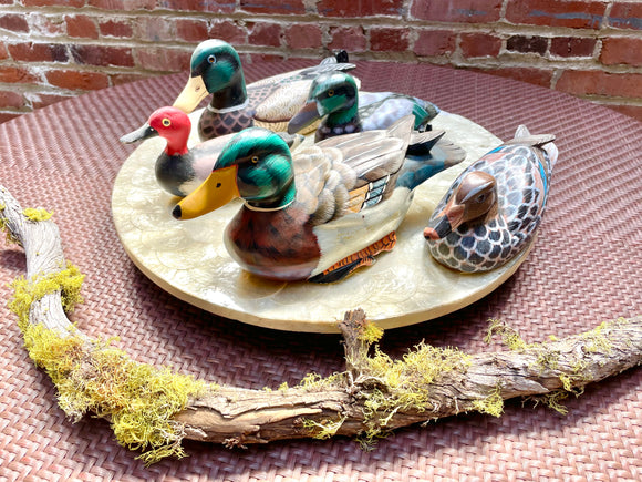 Vintage Artisan Hand Painted 4 Carved Wooden Ducks & 1 Ceramic Duck Lot of 5