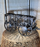 Vintage Black Cast Iron Metal 3 Glass Bottle Wine Holder Wagon Wheels + Handle