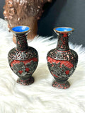 Vintage Chinese Black & Red Cinnabar Vase Set Blue Enamel Interior Pair of Vases