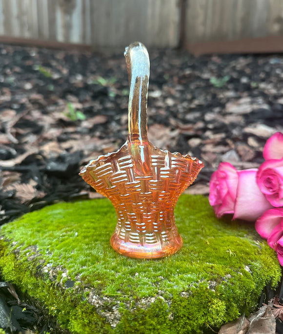 Antique Dugan Basket Weave Orange Marigold Carnival Glass Flower Basket Decor