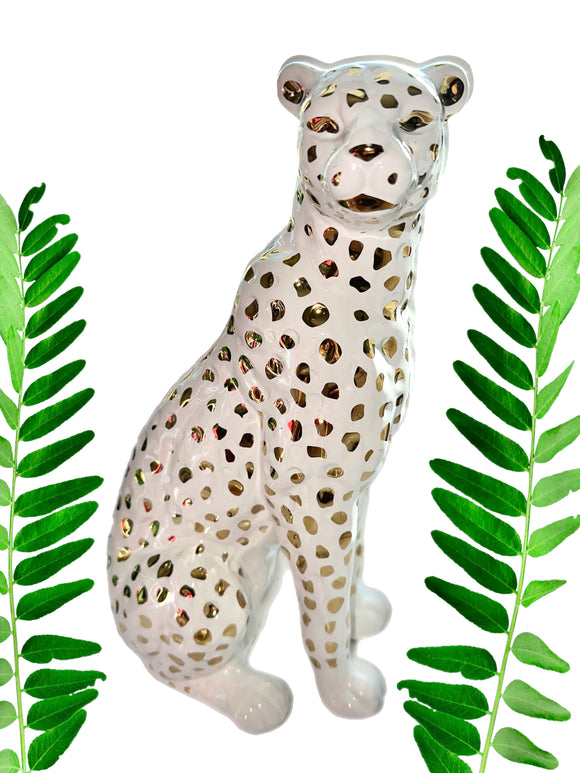 11” Tall Sitting Leopard Cheetah White & Gold Ceramic Sculpture Statue Home Deco