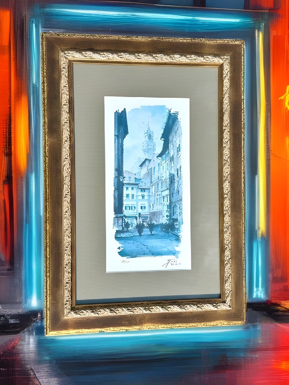 Antique Orig Watercolor Art Signed Toscasa 79/300 European City Framed Matted