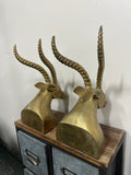 Solid Brass Vintage MCM Gazelle Antelope Impala Bookends Heavy Horns Den Animal