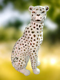 11” Tall Sitting Leopard Cheetah White & Gold Ceramic Sculpture Statue Home Deco