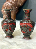 Vintage Chinese Black & Red Cinnabar Vase Set Blue Enamel Interior Pair of Vases