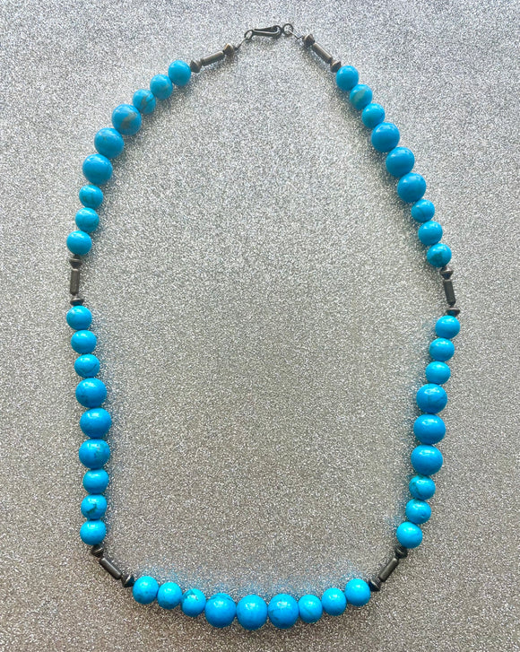 Vintage Blue Howlite Round Bead Sterling Silver Beaded Necklace