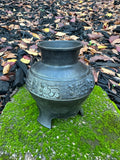 Antique Asian Bronze Metal Archaic Style Bird Relief Footed Censer Urn Vase
