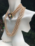 Kenneth J Lane Multi Color Rhinestone Maltese Cross Faux Pearl 3 Strand Necklace