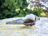 Vintage Tibetan Shell Horn Trumpet Conch With Turquoise Coral & Silver Accents