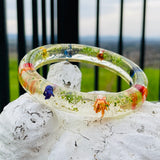 Vintage Pressed Flower Translucent Colorful Floral Art Glass Bangle Bracelet