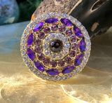 Vintage Signed Monet Purple + Pink Rhinestone Round Brooch Pin