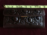 Hand Tooled Brown Leather Relief Flowers Mexican Mirror Wallet Clutch Organizer