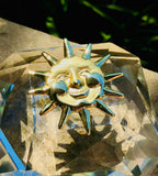 Vintage Gold Tone Happy Sun Spirit Solar Brooch Pin Large