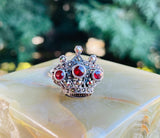 Sterling Silver Signed 925 Marcasite & Red Gem Stone Royal Crown Ring Size 10