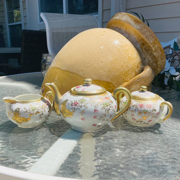 Vintage Signed Hand Painted Japan Gold Tone Colorful Butterfly Floral Tea Set