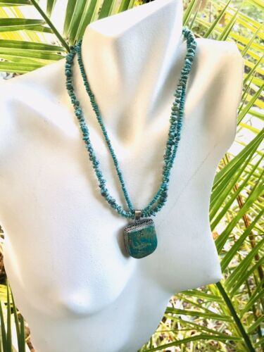 Vintage Artisan Green Blue Turquoise + Sterling Silver Necklace