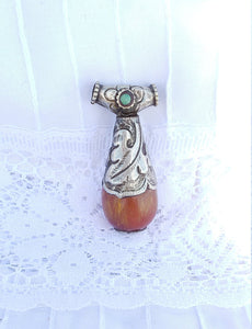 Vintage Handmade Large Silver Tone Etched Leaf Pendant with Orange Bead and Faux Turquoise
