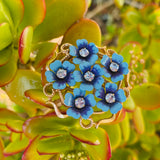 Vintage Love Blossom Flower Gold Tone Blue Enamel Avon Rhinestone Brooch Pin
