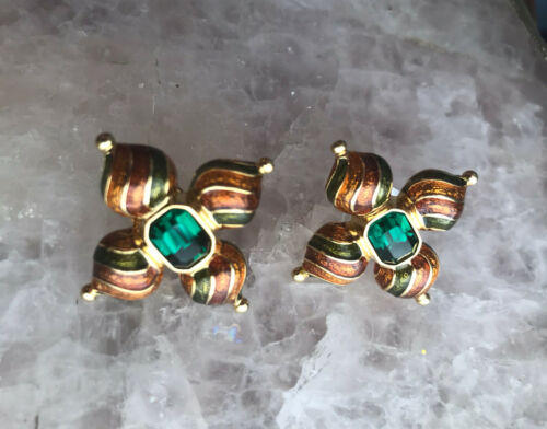 Vintage Green Rhinestone Gold Tone Enamel Pierced Earrings