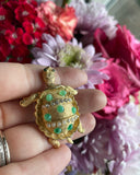 Vintage Gold Tone Metal Green Faux Pearl Turtle Brooch Pin