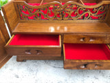 Antique Asian Oriental Wood Carved Red Jewelry Trinket Box Mirror Drawers Rare