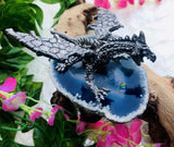 Pewter Dragon w Crystal Ball on Blue Agate