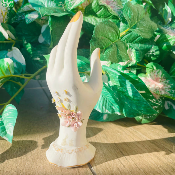 Vintage Porcelain Bridal Bouquet Gold White Pink Floral Mannequin Hand Art Vase