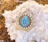 Antique Vintage Gold Tone Rhinestone Blue Carved Cabochon Bead Brooch Pin