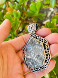 Vintage Sterling Silver 925 Ornate Blue Speckled Gem Stone Hinged Pendant 39.5g