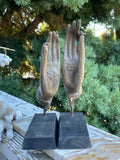 Vintage Metal Bronze Tone Buddha Mantra Hands Spiritual Mounted Wood Art Decor