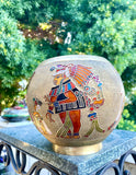 Signed Miguel Pineda Mexican Mayan Aztec Figures Enamel Art Gold Brass Bowl Rare