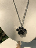 Dainty Black White Clear Rhinestone Paw Print Animal Silver Tone Necklace