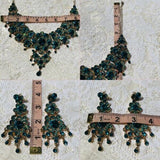 Elegant Teal Blue Rhinestone Floral Goldtone Statement Necklace + Earrings Set