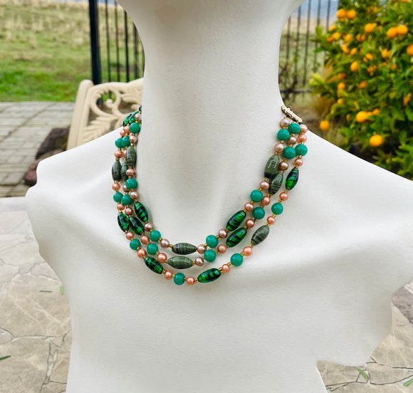 Artisan 3 Strand Green Art Glass Bead Faux Pearl Rose Gold Tone Fashion Necklace