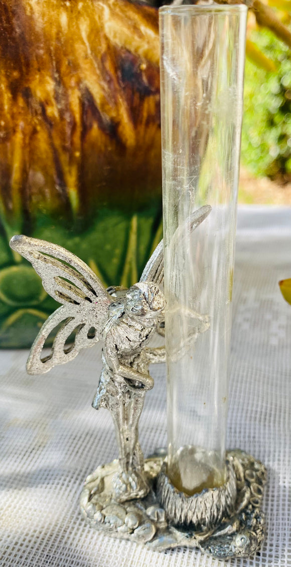 Beautiful Vintage Sliver Tone Fairy Mythical Glass Transparent Tube Vile Vase