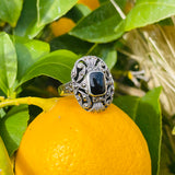 Art Deco Vintage Sterling Silver 925 Black Onyx Marcasite Ornate Ring 7g Size 8