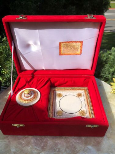 Gold Leaf Work On Marble Plate & Bowl Royal City Of Jaipur India Red Velvet Box